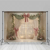 Aperturee - Aperturee Elegant Wedding Photography Backdrop Pink Bows and Fairy Light Curtains Romantic and Dreamy Stage Photo Prop